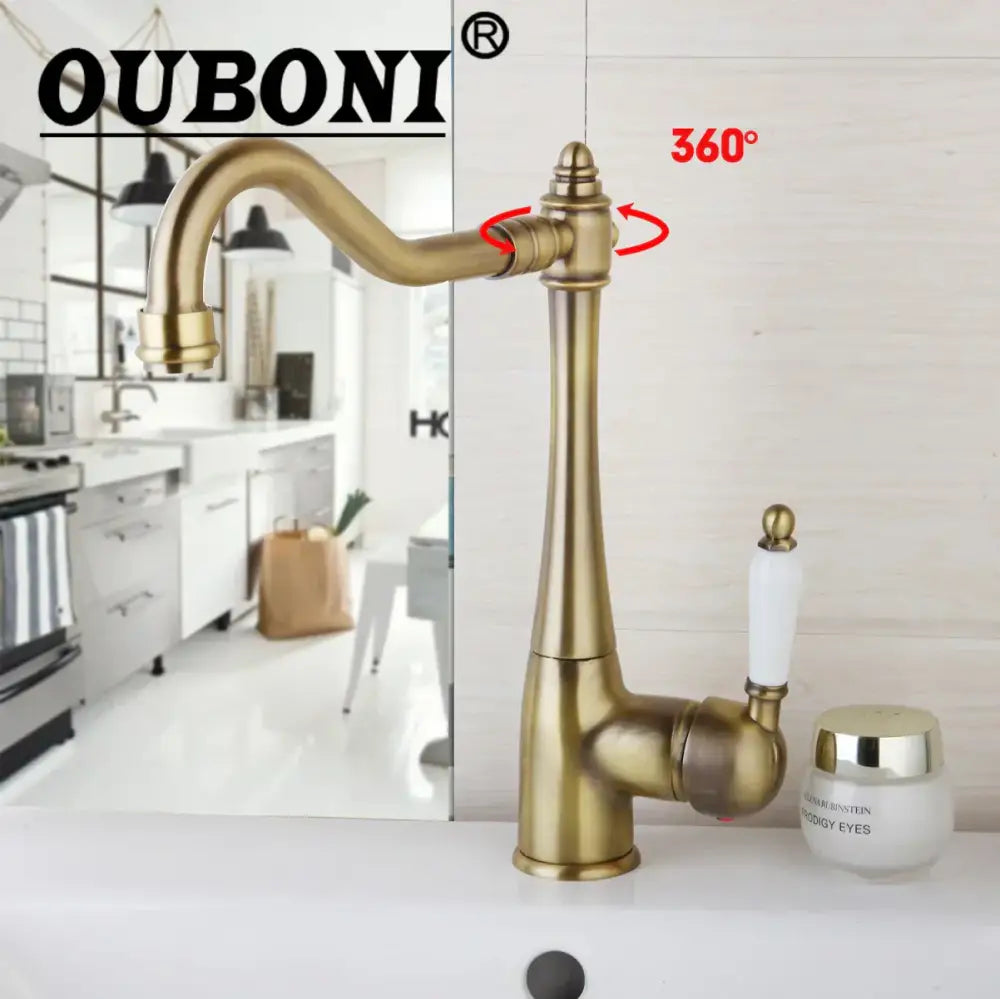 DecorBites antique bronze kitchen faucet with swivel spout 360 rotatable mixer and white ceramic handle