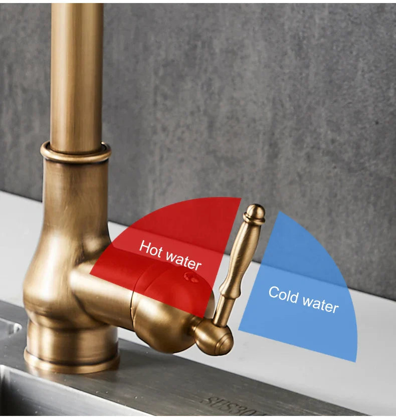 DecorBites antique bronze kitchen faucet with brass finish and single lever handle for hot and cold water control