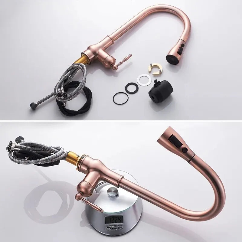 Decorbites antique bronze pull out kitchen faucet with rose gold finish curved spout and integrated touch control