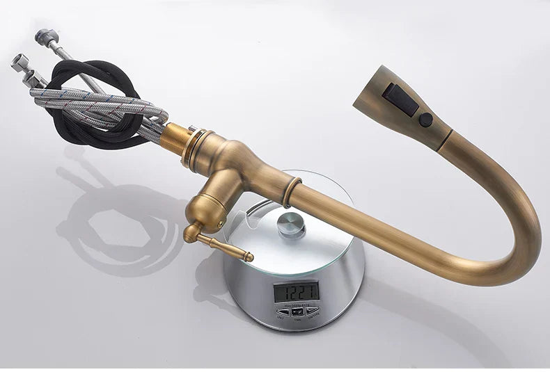 DecorBites™ antique bronze kitchen faucet with brass finish, sleek curved spout, and integrated digital control panel