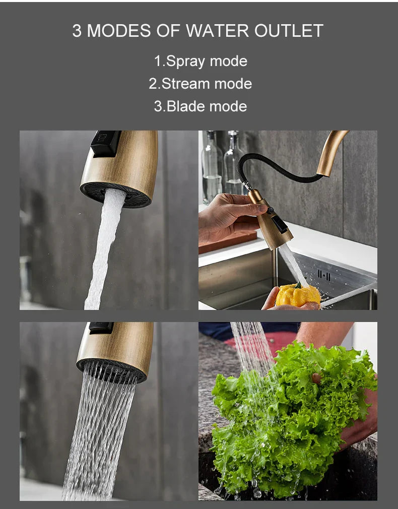 Antique bronze kitchen faucet by DecorBites with brass finish and three spray modes for versatile kitchen use