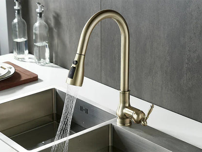 Decorbites antique bronze kitchen faucet with brass finish and pull-down spray head in a sleek curved design