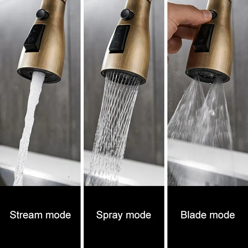Antique bronze kitchen faucet with brass finish, black control knobs, and pull-down spray head offering multiple water modes