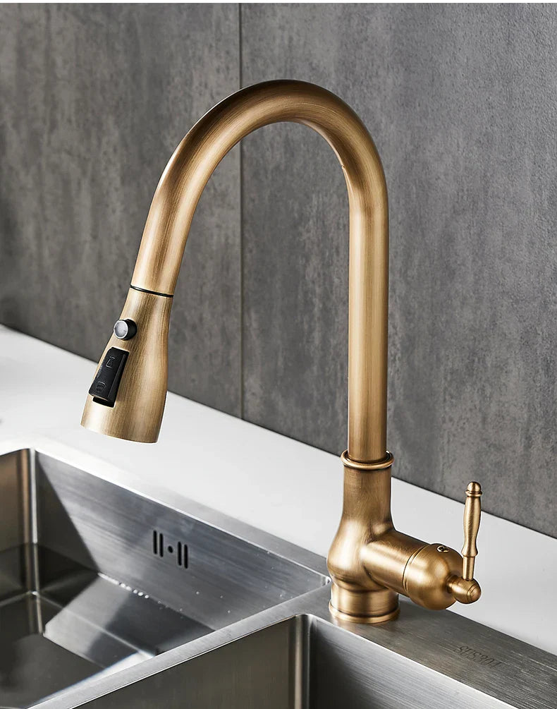DecorBites antique bronze kitchen faucet with brass finish curved spout and pull down spray head for kitchen use