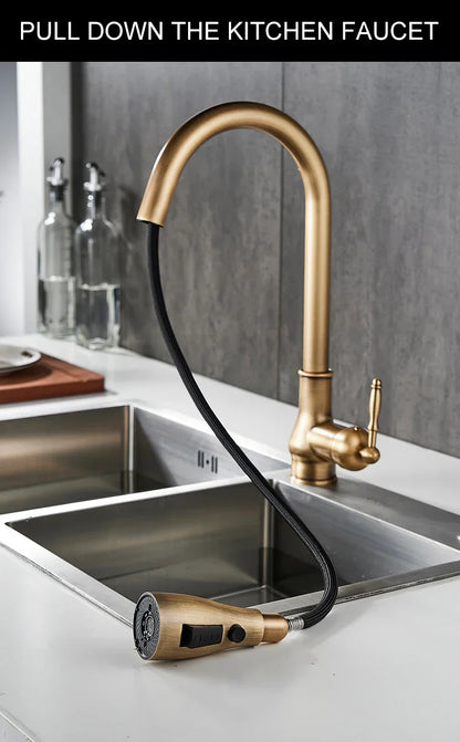 DecorBites antique bronze kitchen faucet with gold-toned pull-down spout and flexible black hose for easy use
