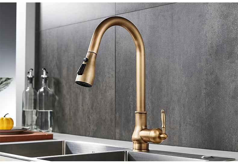 Decorbites antique bronze kitchen faucet with brass finish curved spout and pull down spray head for versatile use