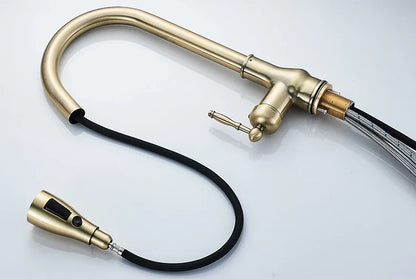 Decorbites™ antique bronze kitchen faucet with brass finish, sleek curved spout, and black flexible pull-down hose