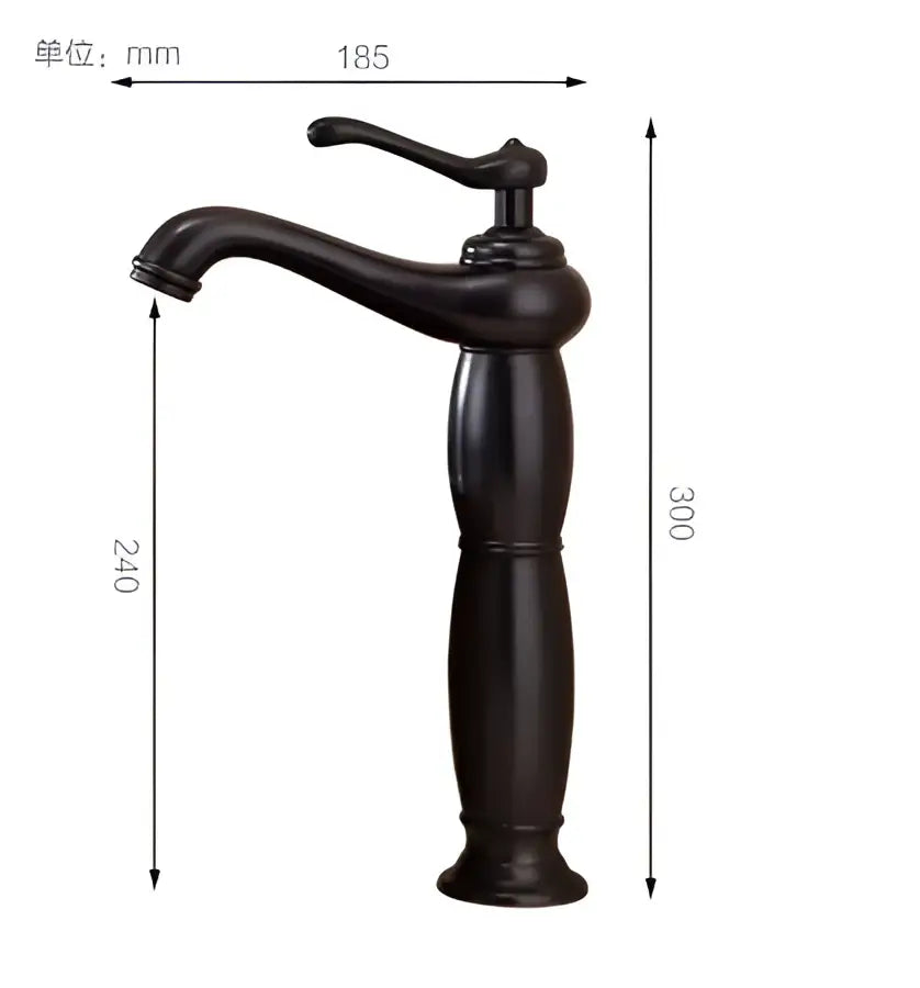 Decorbites antique bronze tall basin faucet in black matte solid copper with curved spout and vintage ornate handle