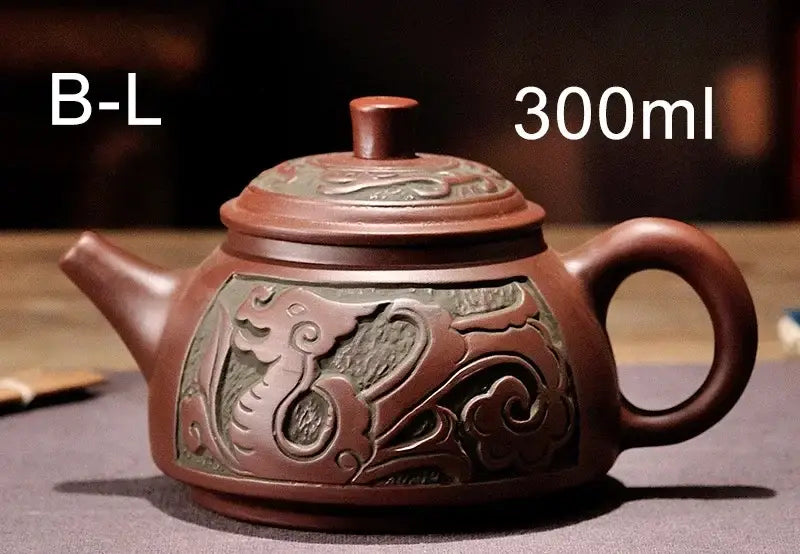 DecorBites™ antique bronze teapot set with reddish-brown yixing clay and embossed dragon cloud motifs