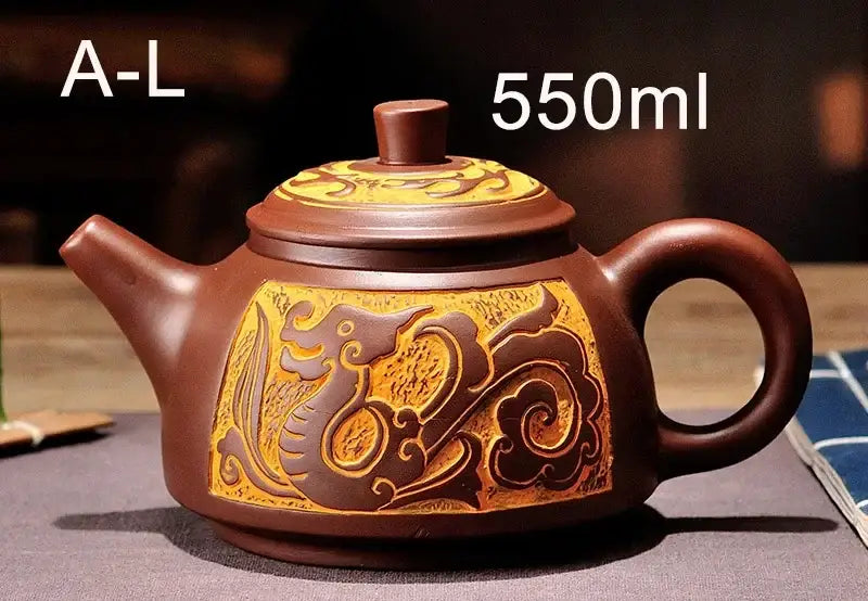 Decorbites antique bronze teapot set in brown ceramic with intricate golden dragon motifs and matching lid and handle