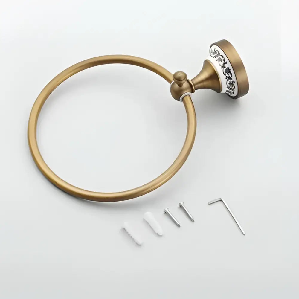 DecorBites antique bronze towel ring with ornate white and silver decorative brass mounting plate for bathroom use