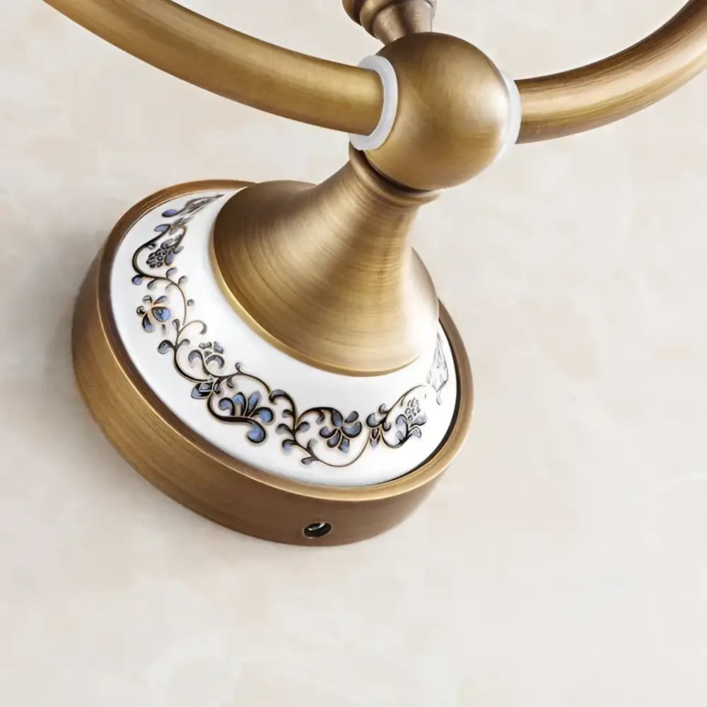Decorbites antique bronze towel ring with solid brass double towel rack and white ceramic base with blue floral patterns