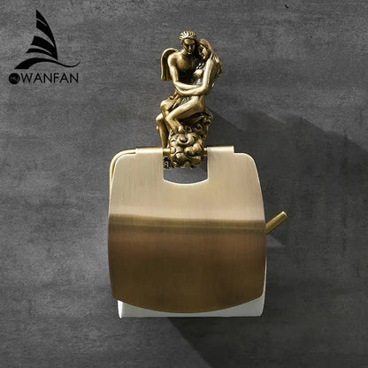 DecorBites antique bronze wall mounted paper holder with ornate angel and woman sculpture on brass cylindrical body