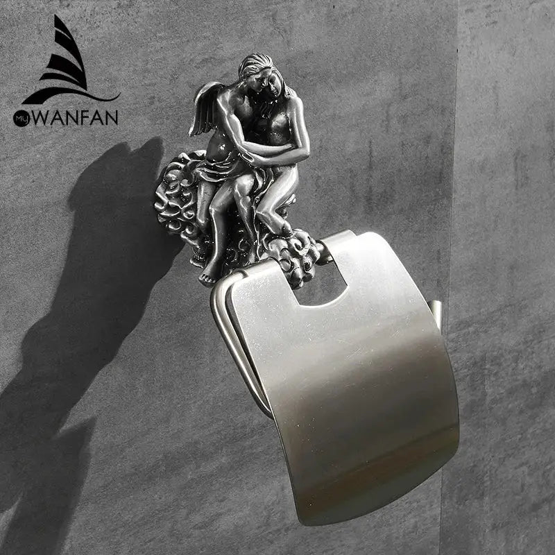 DecorBites™ silver-toned paper holder with ornate angel and cherub sculpture on sleek antique bronze wall mounted base