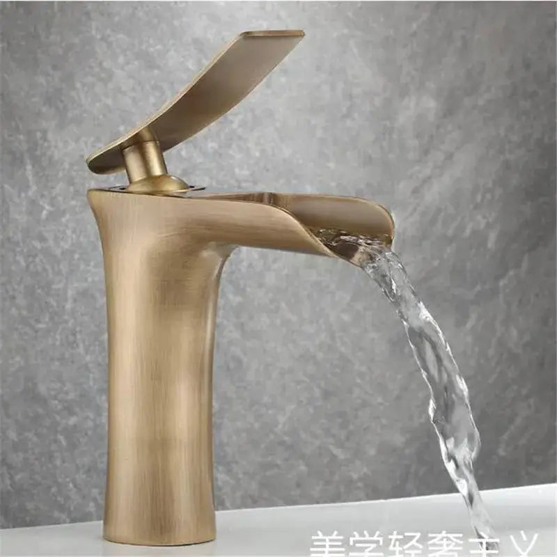 Decorbites antique bronze waterfall bathroom faucet with brushed brass modern minimalist design and hot cold mixer tap