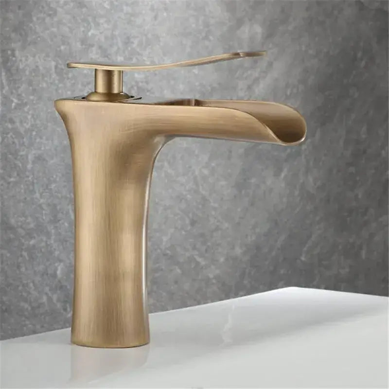 Decorbites antique bronze waterfall bathroom faucet with brass finish sleek modern curved spout and hot cold mixer tap