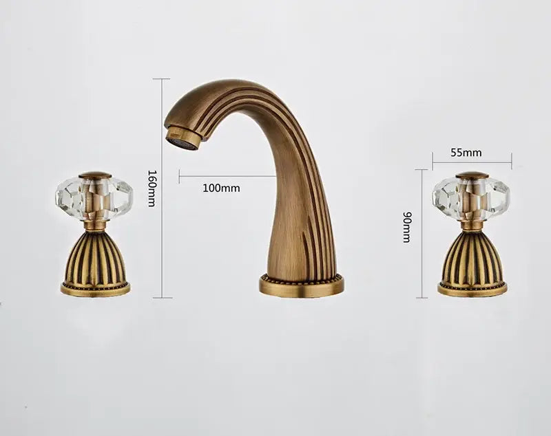 Decorbites antique bronze widespread basin faucet with antique brass finish, crystal knob handles, and curved spout