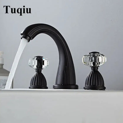 Decorbites™ antique bronze widespread basin faucet with black matte finish and crystal knob handles for hot and cold water