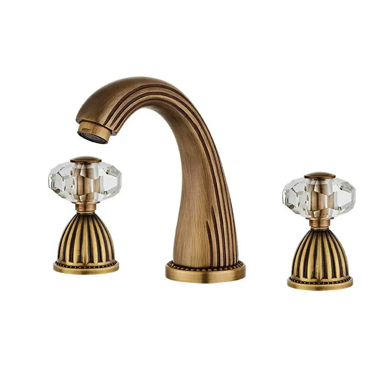 DecorBites antique bronze widespread basin faucet with antique brass finish curved spout and double crystal knob handles