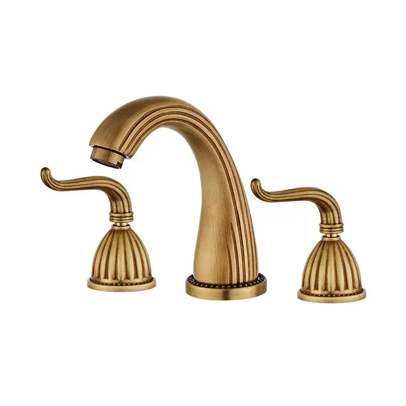 Decorbites antique bronze widespread basin faucet with three handles and fluted beaded detailing in brass finish