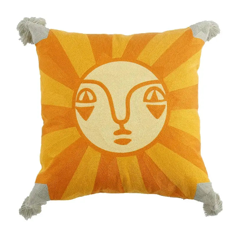 DecorBites™ antique brown tiger print pillow cover with embroidered orange and cream sun face and gray tassels