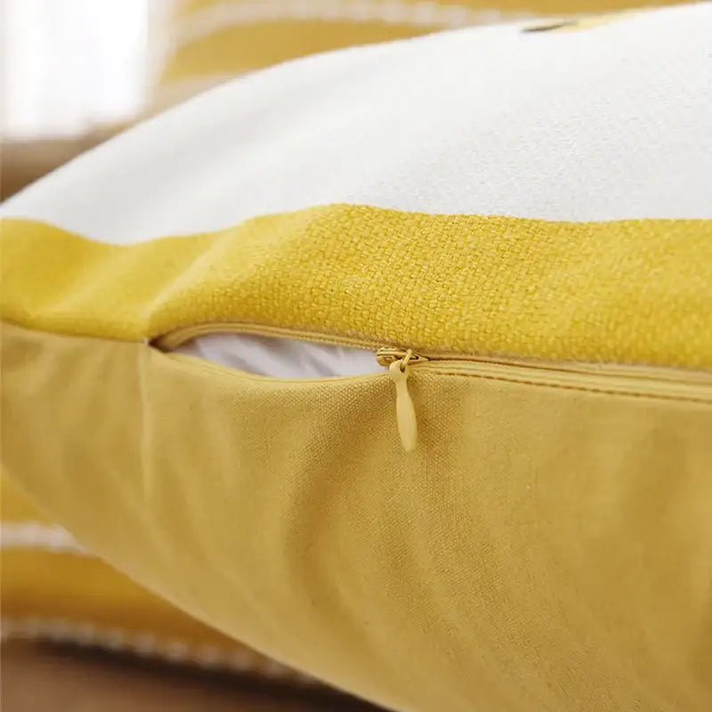 DecorBites™ pillow cover with antique brown tiger print featuring yellow and white striped textured fabric finish