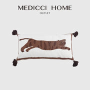 White rectangular pillow cover with antique brown tiger print embroidery and dark brown tassels by medicci home outlet