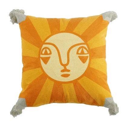 DecorBites™ pillow cover with orange and cream embroidered sun face and gray tassels in antique brown tiger print style