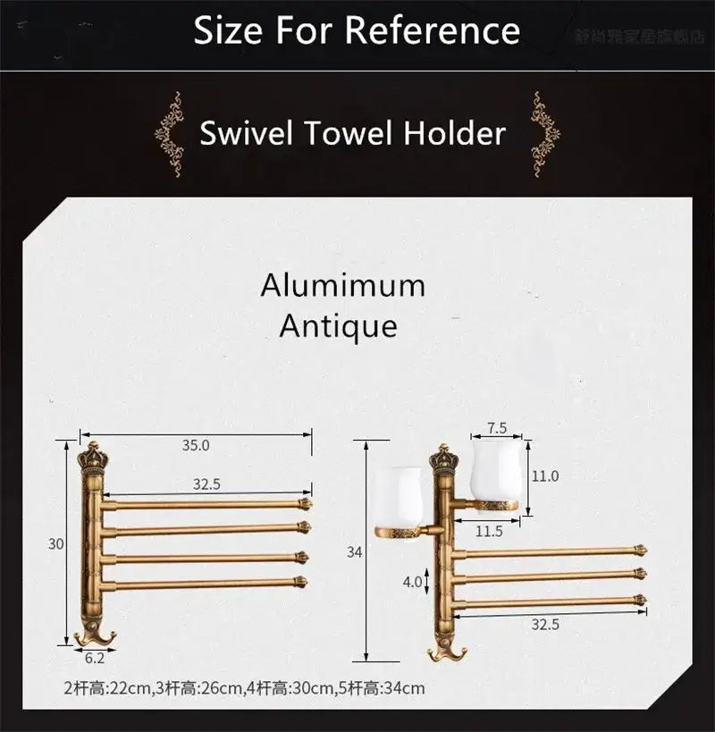 DecorBites antique carved swivel towel hanger in brass finished aluminum with ornate crown scrollwork for wall mounted use