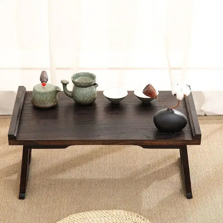 Dark wood solid wood foldable table with matte finish and sturdy legs for hanfu shoots and tea cooking by decorbites