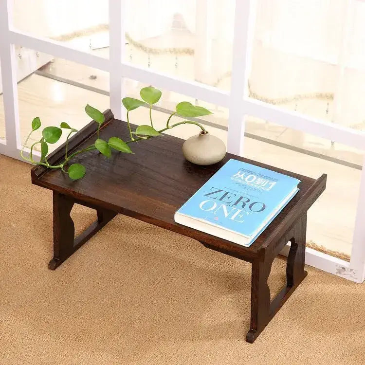 Dark brown solid wood folding table with antique chinese style carved legs for hanfu shoots and tea time