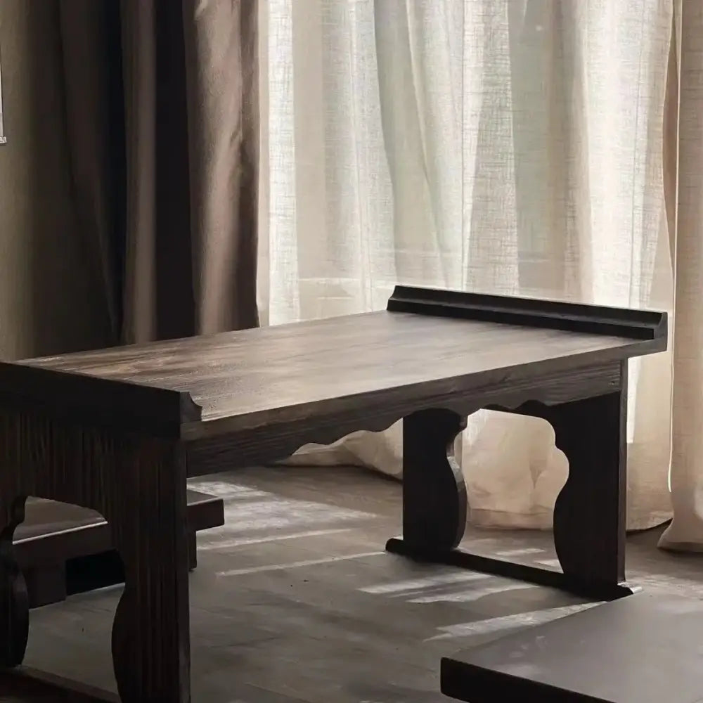 Dark wood solid wood antique chinese style bench with carved curved legs and rectangular top for hanfu shoots and tea time