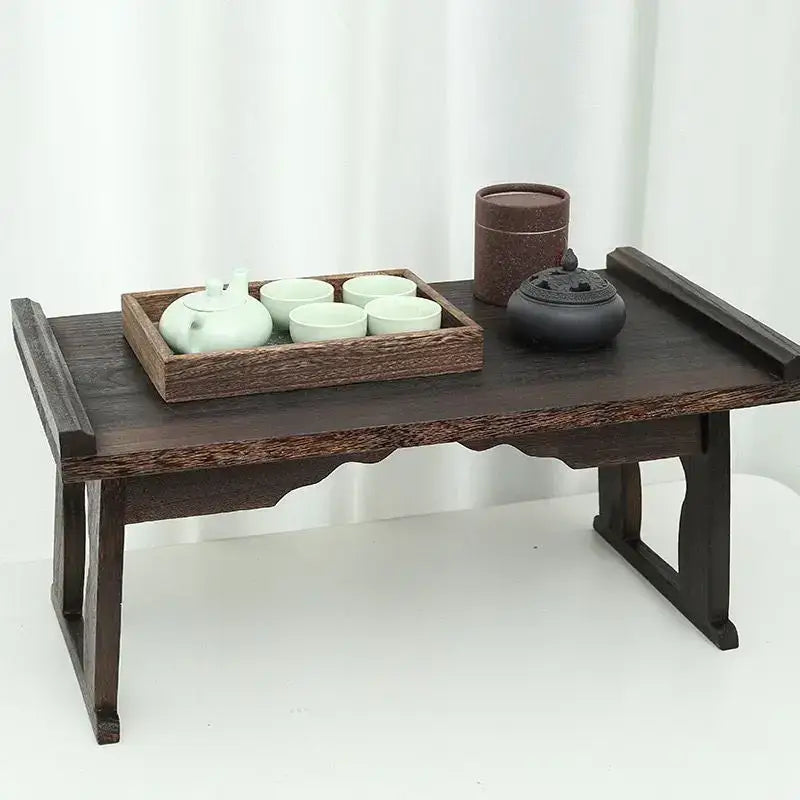 Dark wood decorbites antique chinese style solid wood tea table with carved legs and scalloped edge for hanfu shoots and tea time