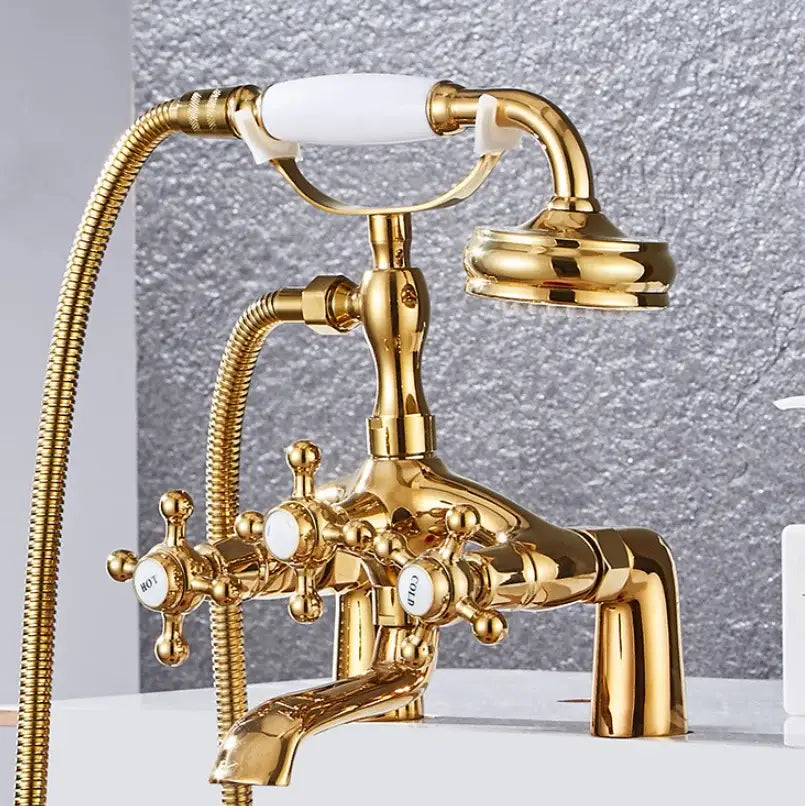 Decorbites antique chrome bathtub shower mixer faucet tap set in gold with white ceramic handle and ornate brass finish