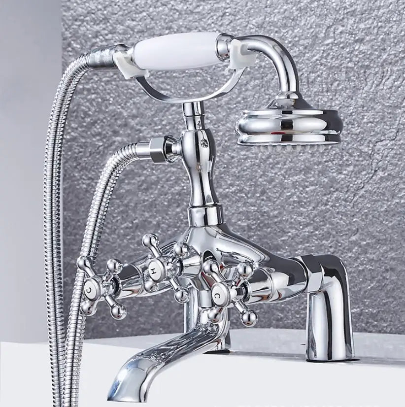 DecorBites antique chrome bathtub shower mixer faucet tap set with chrome finish white ceramic handle and attached showerhead