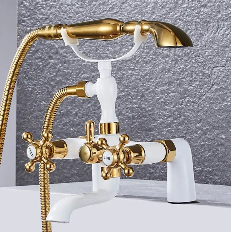 Decorbites antique chrome bathtub shower mixer faucet tap set in gold and white with ornate cross handles and flexible hose