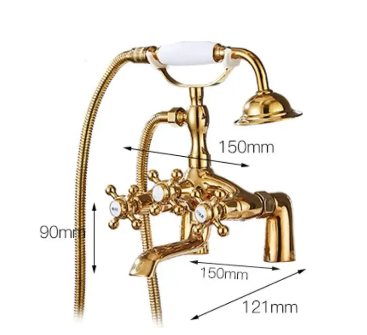 Gold-finished vintage-style bathtub shower mixer faucet with white ceramic handles and detachable showerhead for bathroom