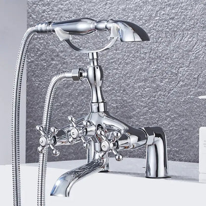 Decorbites antique chrome bathtub shower mixer faucet tap set with three cross-handle knobs and detachable showerhead