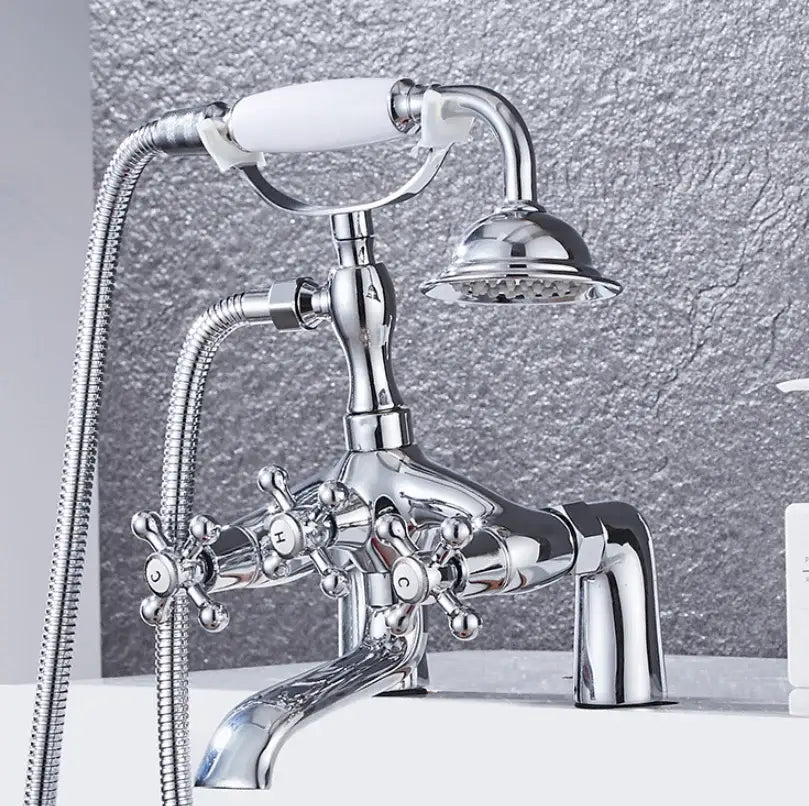 DecorBites antique chrome bathtub shower mixer faucet with chrome finish white ceramic handle and cross-shaped knobs