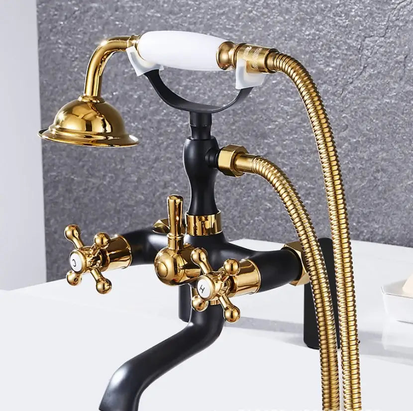 Decorbites™ antique chrome bathtub shower mixer faucet tap set with black matte finish and gold accents cross handles