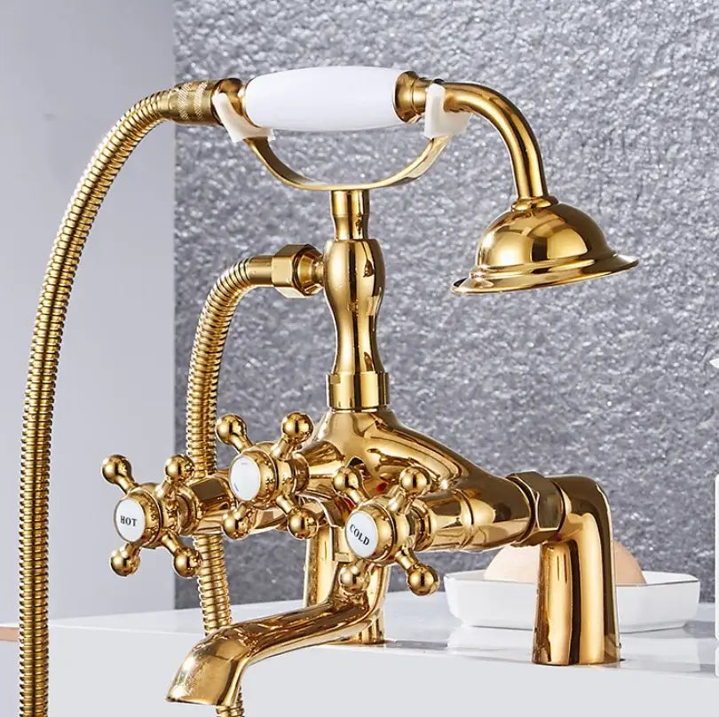 Decorbites™ antique chrome bathtub shower mixer faucet tap set with gold finish, ceramic handle, and showerhead hose