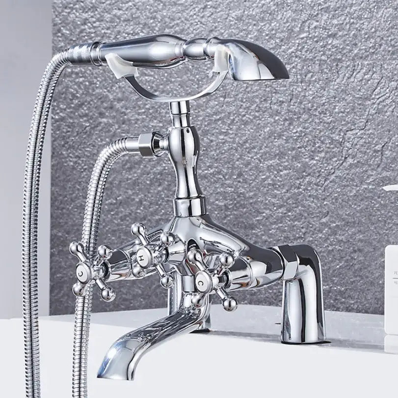 Decorbites antique chrome bathtub shower mixer faucet tap set with chrome finish three cross-handle knobs detachable showerhead