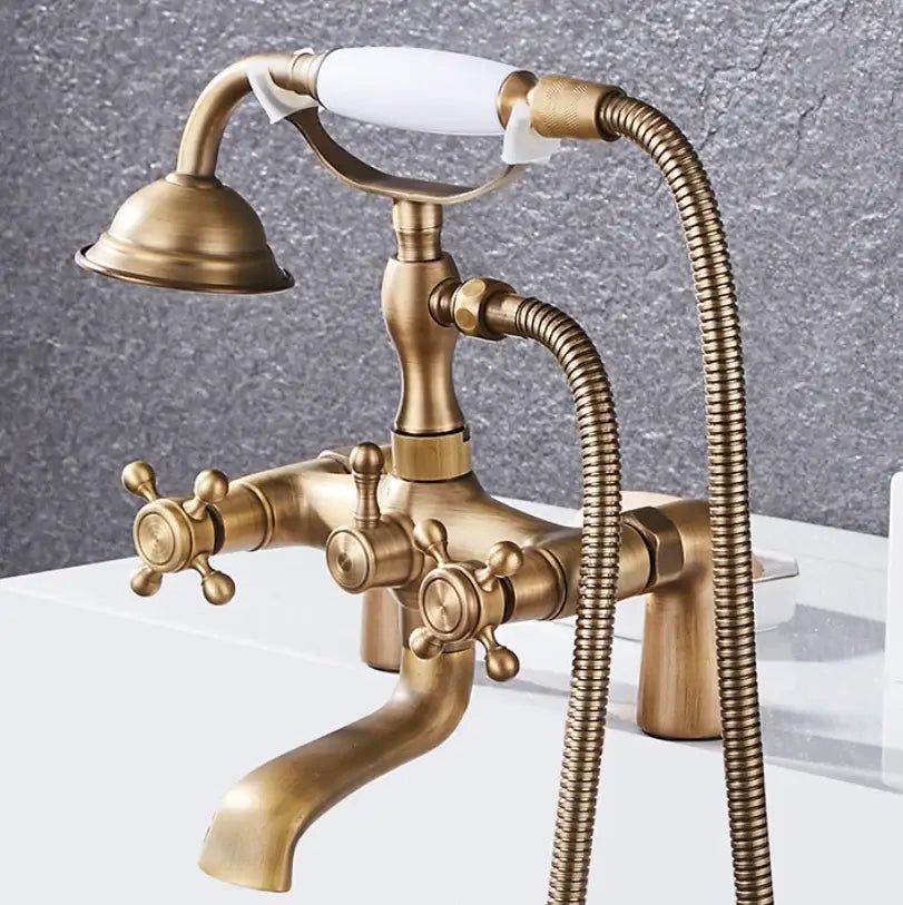 DecorBites antique chrome bathtub shower mixer faucet tap set in antique brass with white ceramic handle and cross knobs