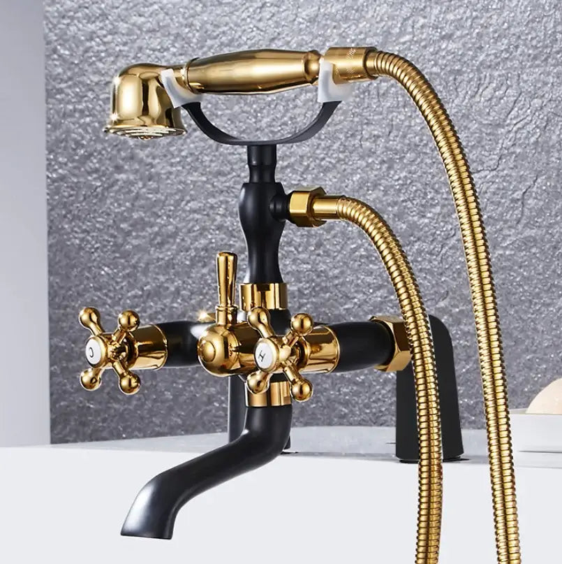 DecorBites™ antique chrome bathtub shower mixer faucet tap set with black matte finish gold accents and cross handles