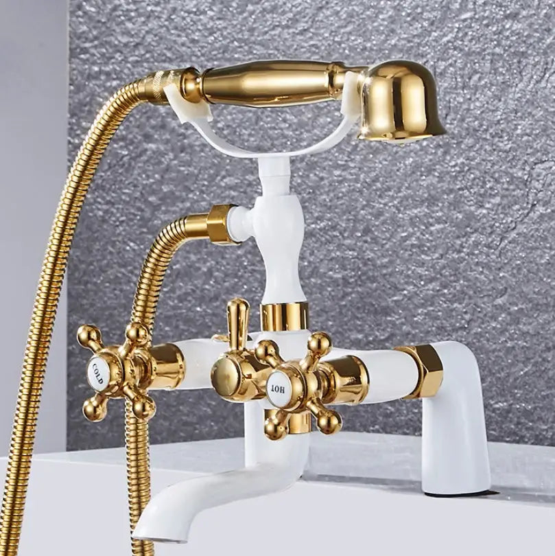 DecorBites antique chrome bathtub shower mixer faucet tap set with gold white vintage handles and handheld spray head