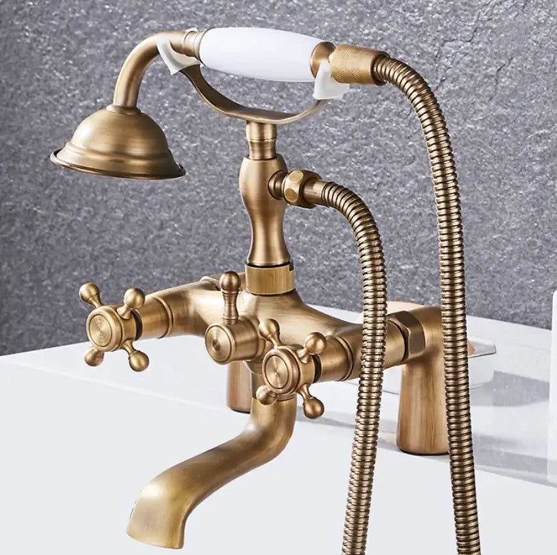 DecorBites antique chrome bathtub shower mixer faucet with antique brass finish white ceramic handle and cross knobs