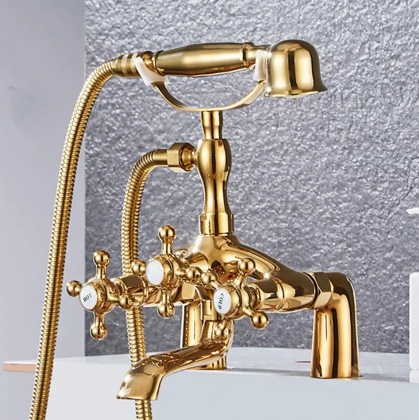 Gold-finished vintage-style bathtub shower mixer faucet tap set with handheld showerhead and hot cold cross handles