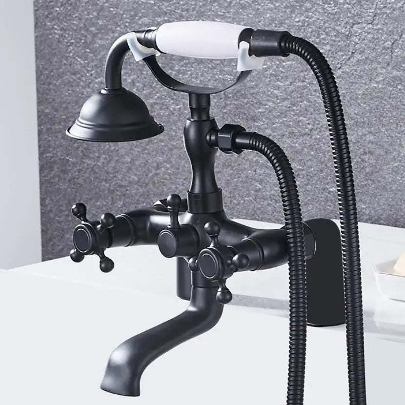 Black matte-finished bathtub shower mixer faucet with white ceramic handle and flexible hose for chrome bathtub shower use