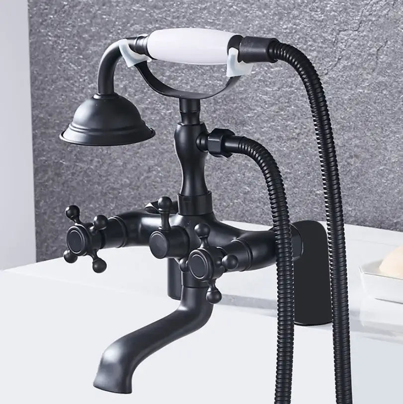 DecorBites antique chrome bathtub shower mixer faucet tap set with black matte finish white ceramic handle and adjustable hose showerhead