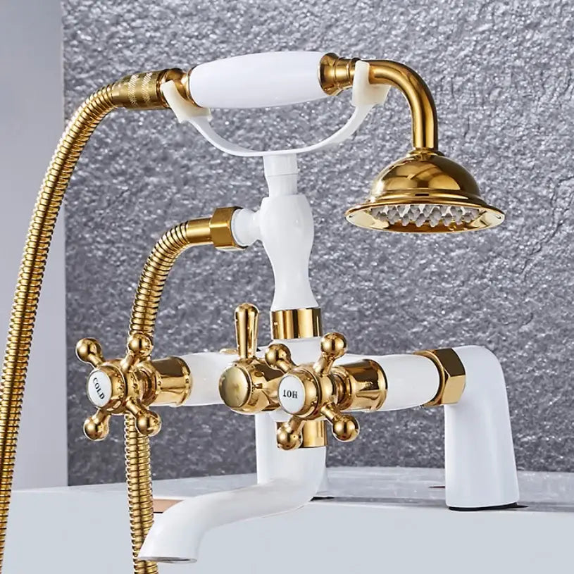 DecorBites antique chrome bathtub shower mixer faucet with white ceramic body gold brass accents and cross handles